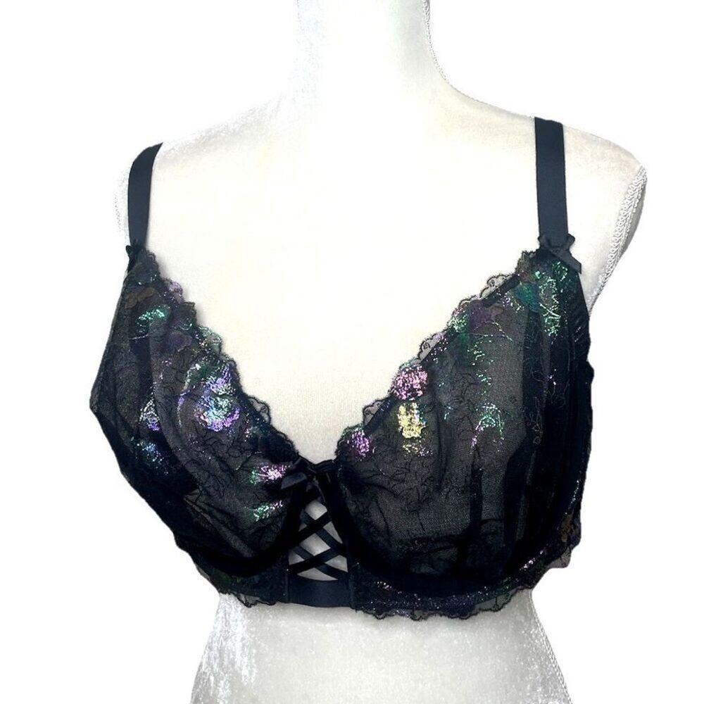 Cacique Size 42DD iridescent Black Lace Underwire BRA Underwire Holographic